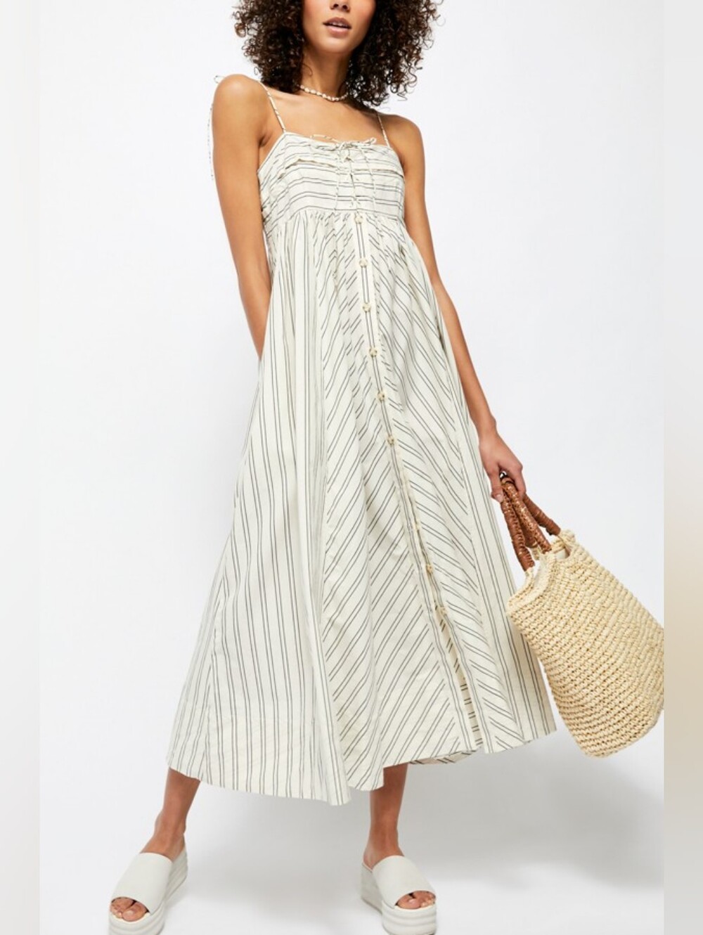 Free People Easy Breezy Midi Dress White Navy Blue Stripe Cotton Large - Picture 14 of 16